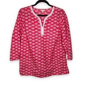 Talbots Pink Tropical Palm Leaves Popover 3/4 Sleeve Tunic Womens Size Medium